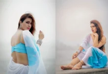 Neha Malik Photos : नीला-सफेद साड़ी लुक में छाईं पंजाबी एक्ट्रेस