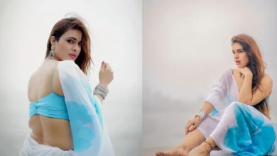 Neha Malik Photos : नीला-सफेद साड़ी लुक में छाईं पंजाबी एक्ट्रेस