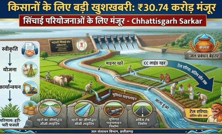 Irrigation Projects Chhattisgarh : किसानों के लिए बड़ी खुशखबरी, 30.74 करोड़ मंजूर, हजारों हेक्टेयर खेतों तक पहुंचेगा पानी