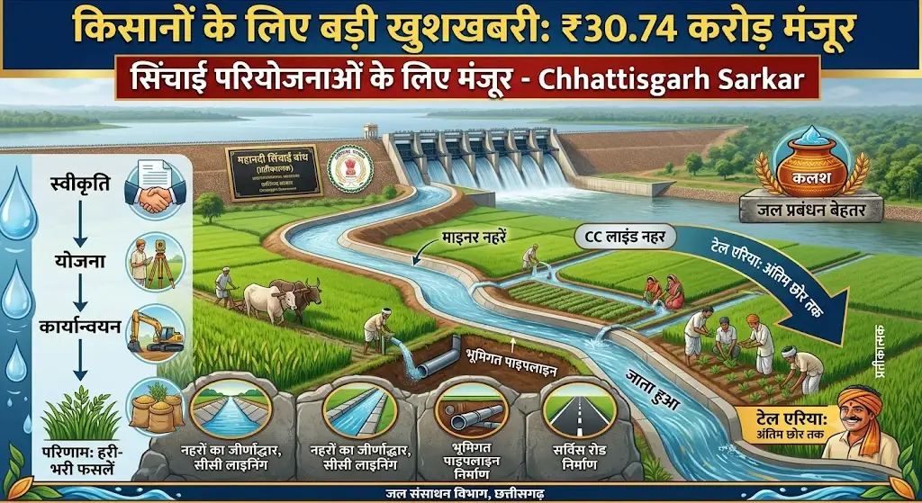 Irrigation Projects Chhattisgarh : किसानों के लिए बड़ी खुशखबरी, 30.74 करोड़ मंजूर, हजारों हेक्टेयर खेतों तक पहुंचेगा पानी