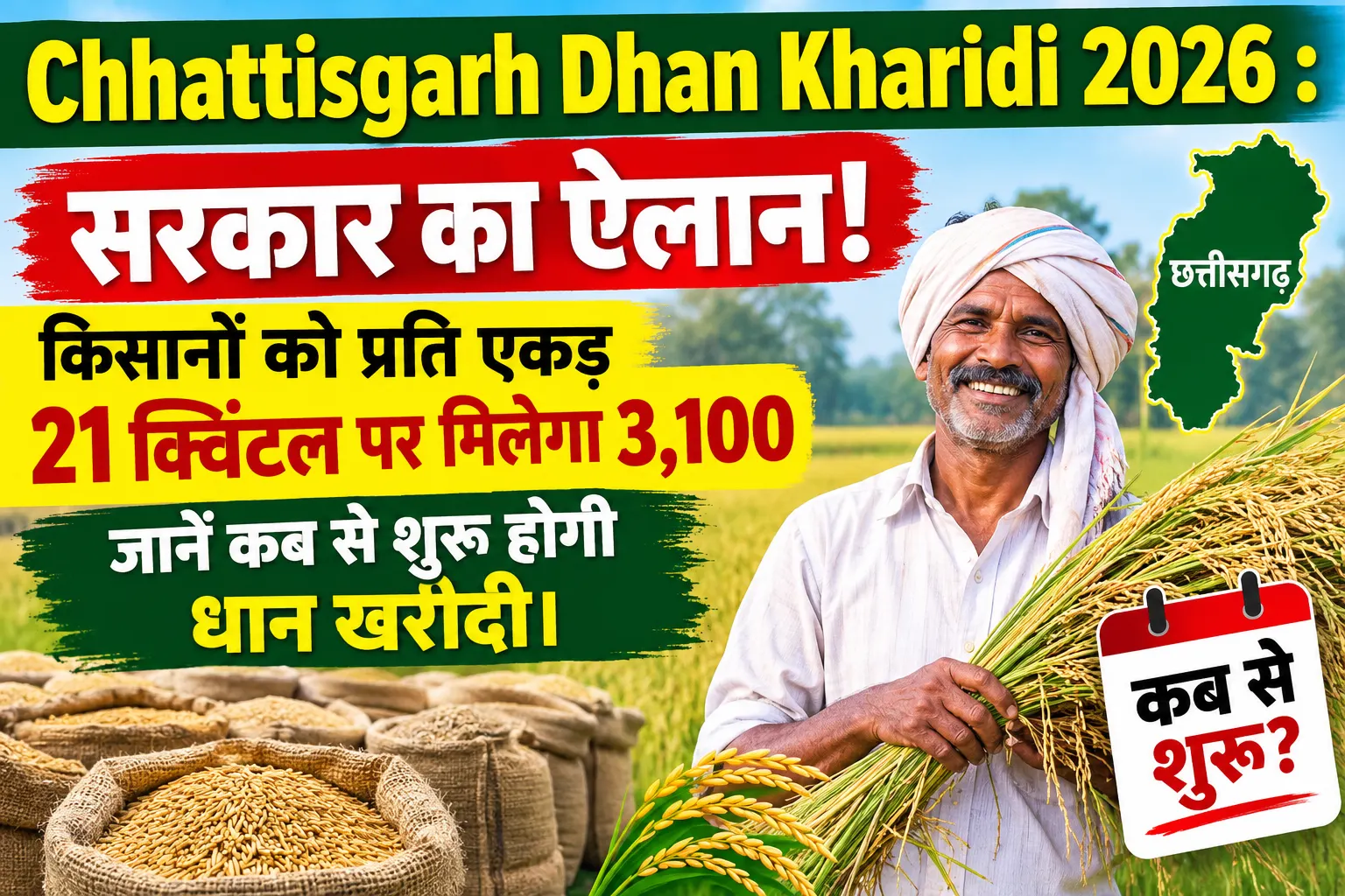 Chhattisgarh Dhan Kharidi 2026 : सरकार का ऐलान! किसानों को प्रति एकड़ 21 क्विंटल पर मिलेगा 3,100, जानें कब से शुरू होगी धान खरीदी